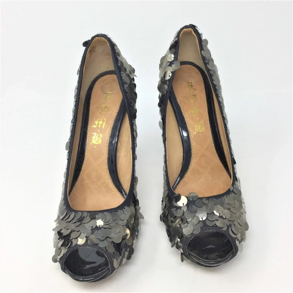 LAMB Sequin Heels Gold Peep Toe Platform Pumps 8.5